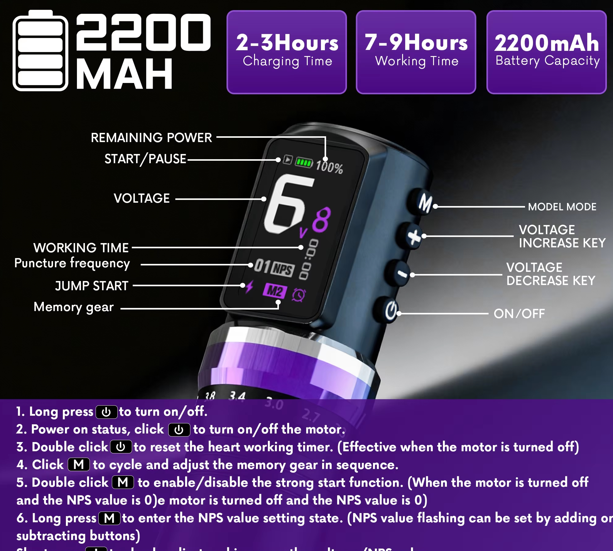 Máquina Tatuagem Pen Flip Tuned Bateria Wireless Ajuste De Curso 10000RPM