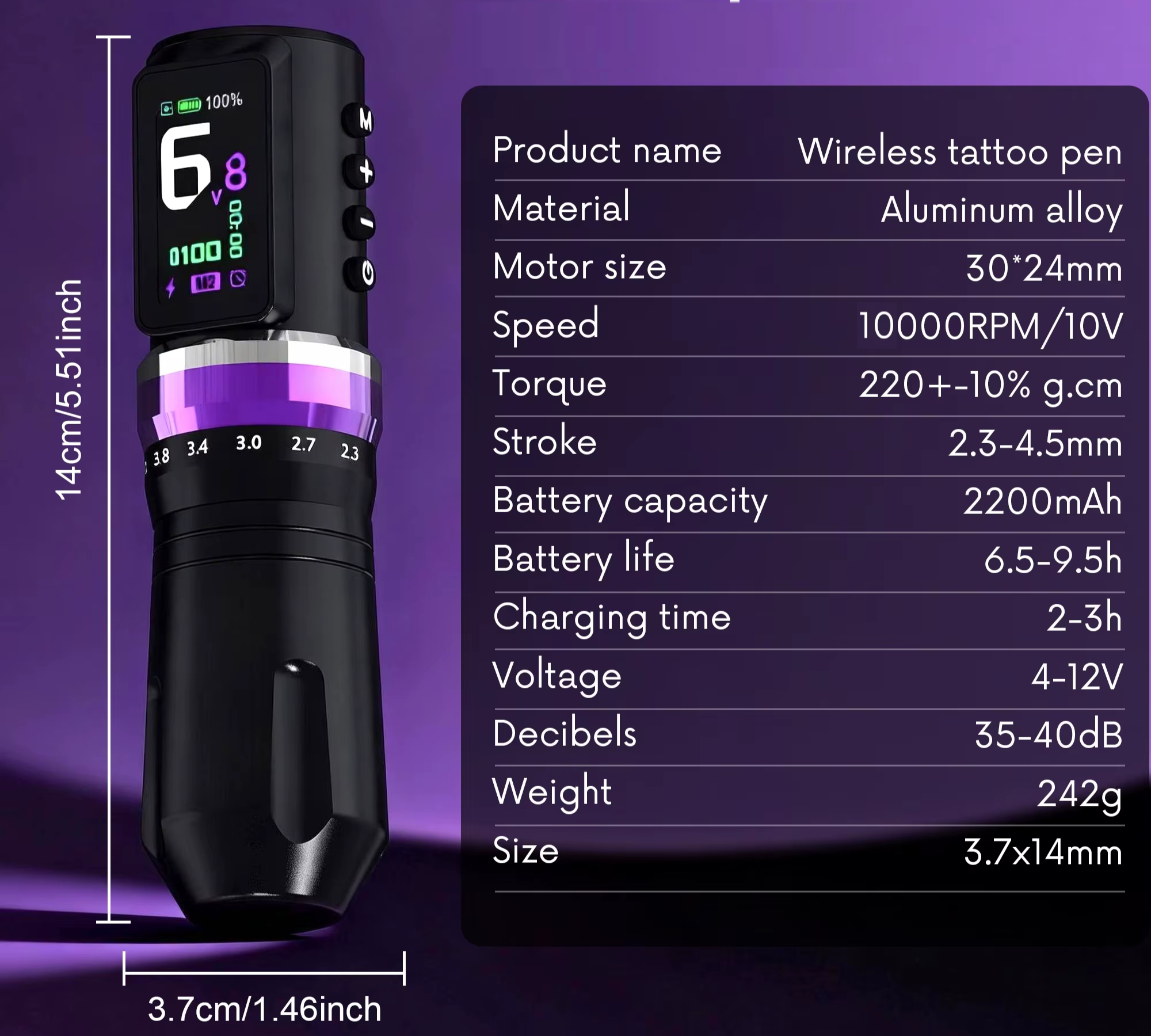 Máquina Tatuagem Pen Flip Tuned Bateria Wireless Ajuste De Curso 10000RPM