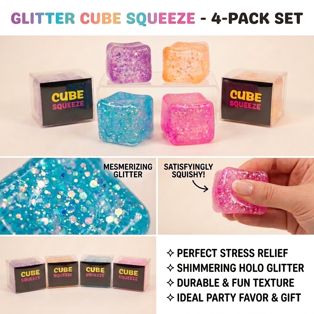 Sparkle Cube Squishy Stress Toy -  Set of 4