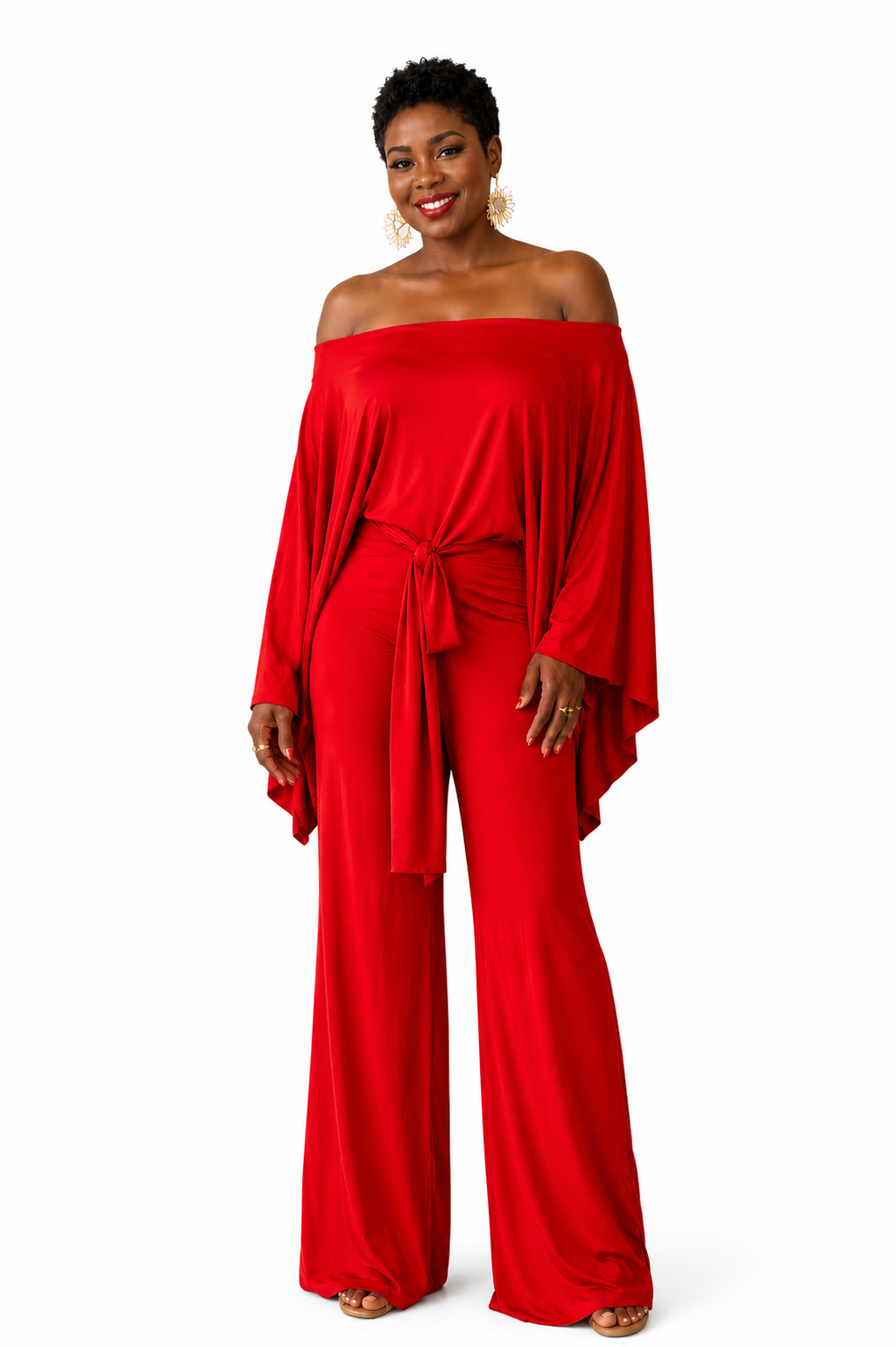 Red Off-Shoulder Wide-Leg Jumpsuit
