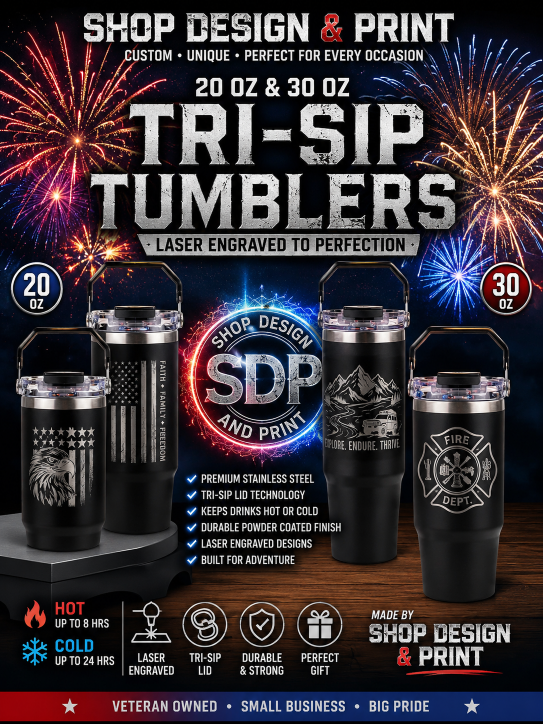 Custom Laser engraved 20oz and 30oz Tri-Sip Tumblers
