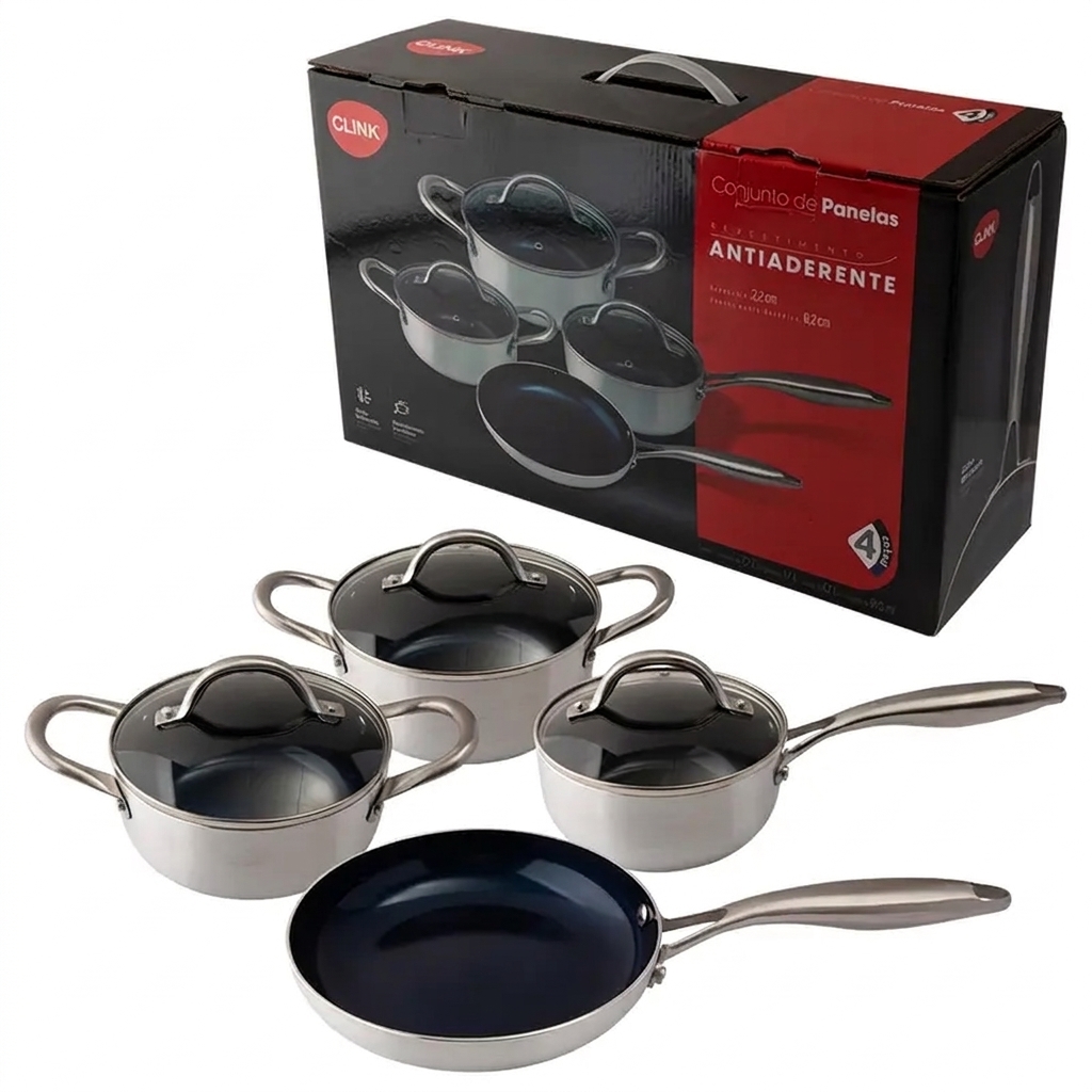 Conjunto de 04 Panelas de Inox com Tampa de Vidro clink