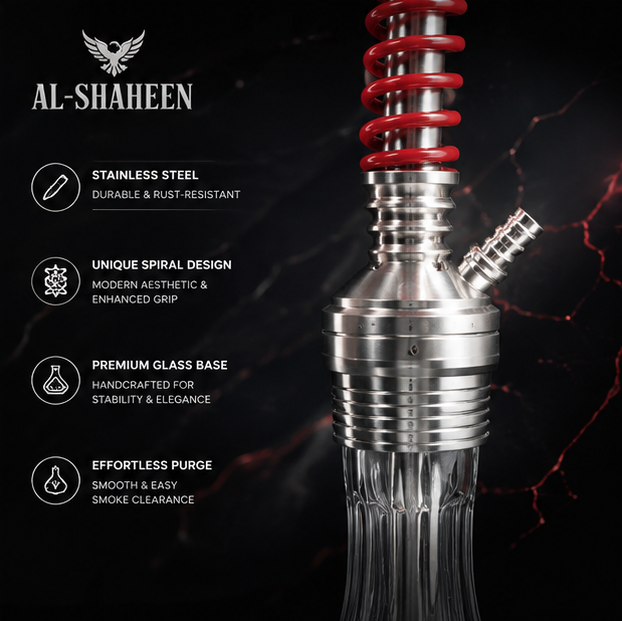 Al-Shaheen Premium Spiral Stainless Steel Hookah – Luxury Shisha with Crystal Glass Base