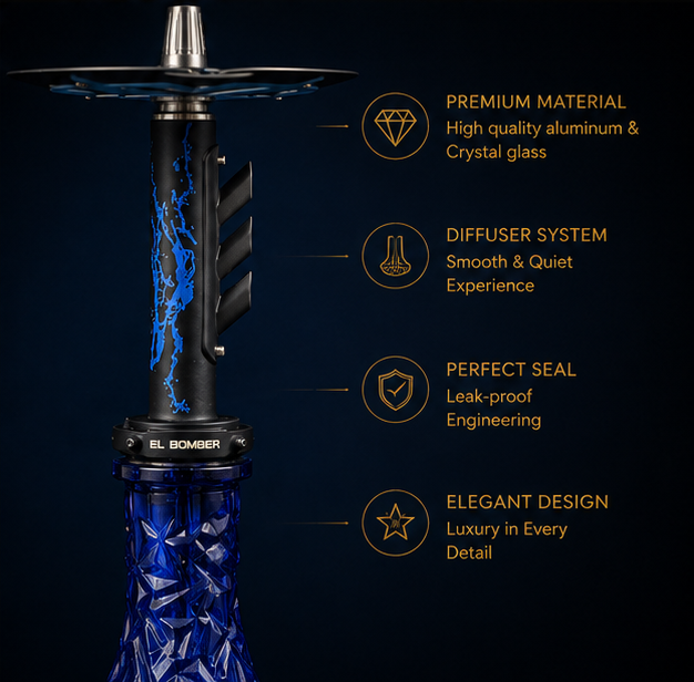 EL Bomber Premium Hookah – Blue Crystal Glass & Stainless Steel Luxury Shisha