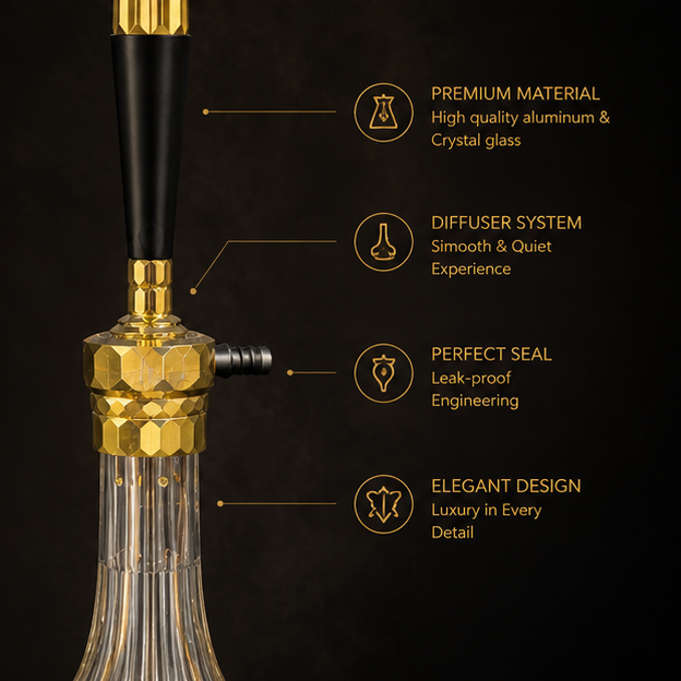 Al-Shaheen Luxury Gold Hookah – Premium Aluminum Shisha with Crystal Glass Base