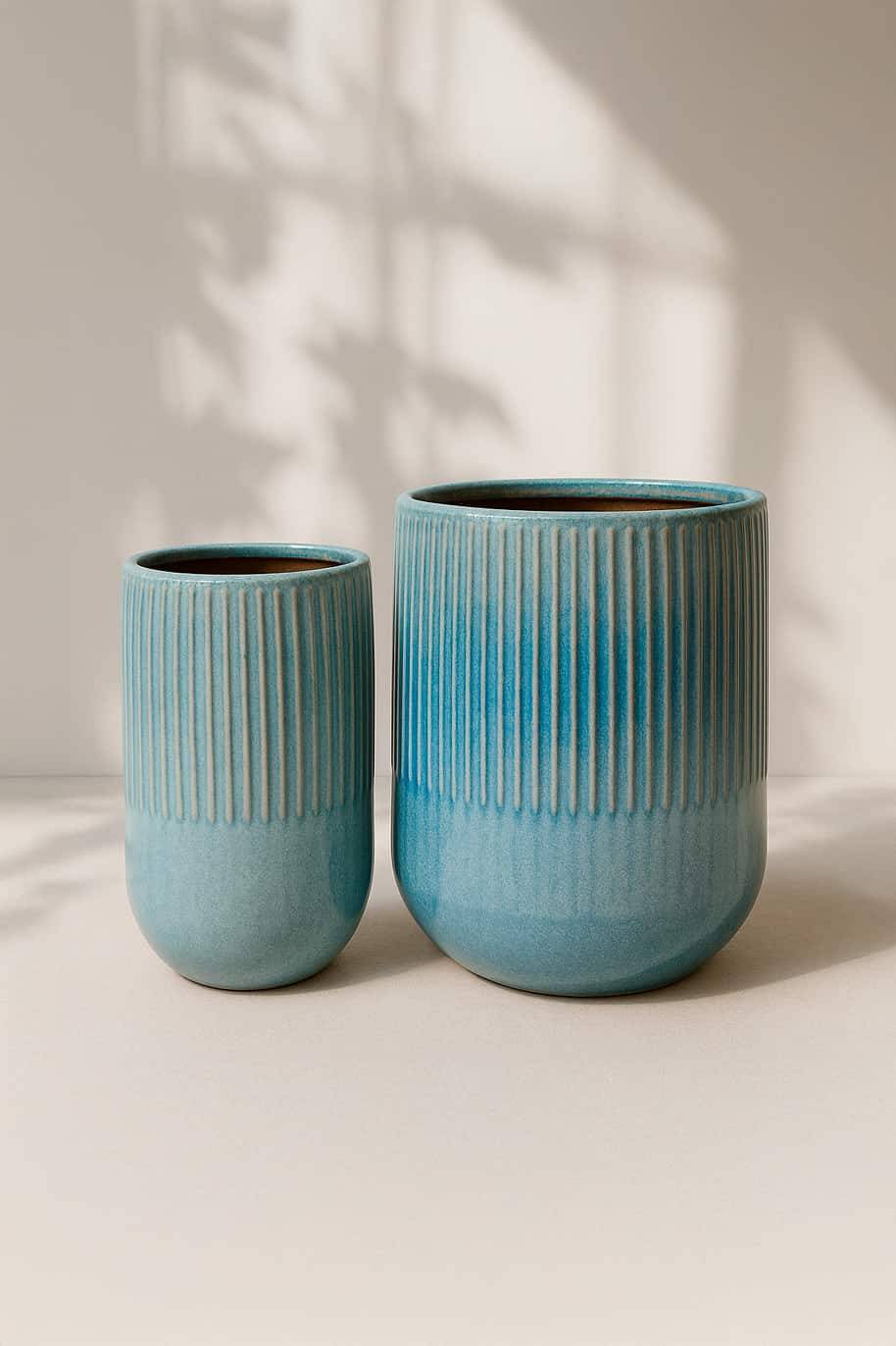 Premium Glaze Blue Ceramic Pot – Ribbed Cylindrical Indoor Plant Pots