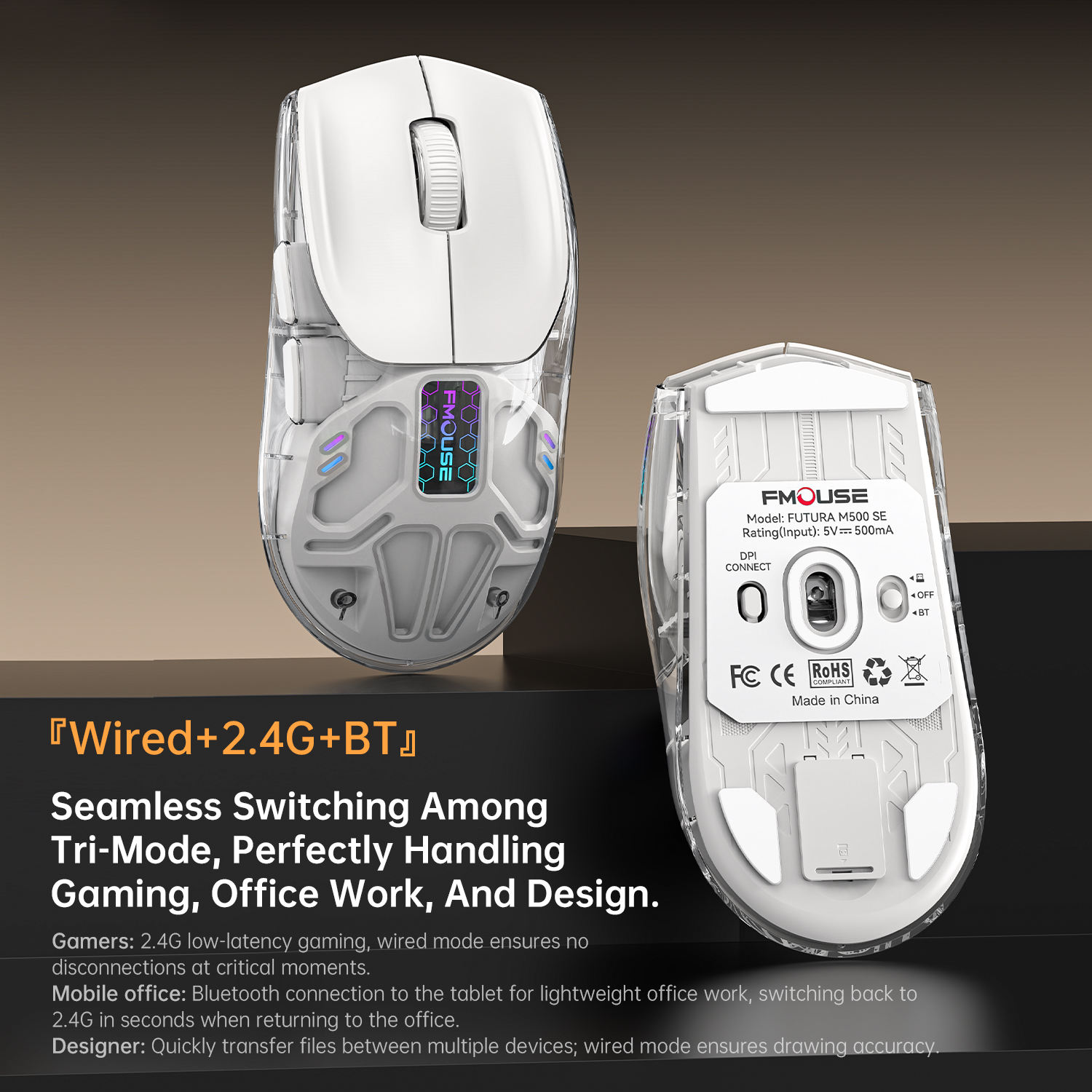  2.4GHz Three-mode Wireless Transparent 4800DPI Gaming Mouse 400mAh Rechargeable Gaming Mouse