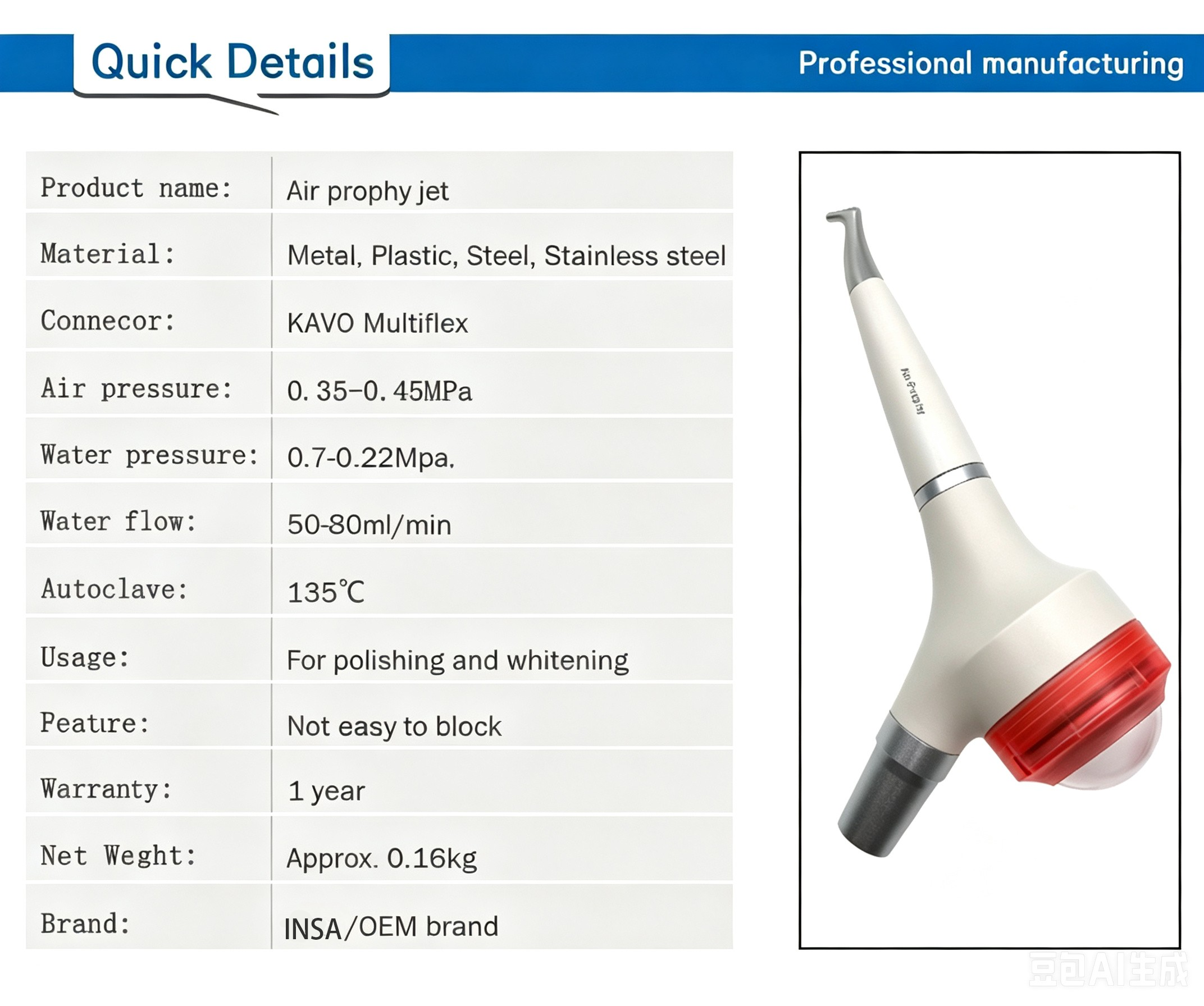 INSA Dental Air Prophy Jet Compatible with KAVO Multiflex Coupling, Anti-Clog Air Flow Polisher for Teeth Stain Cleaning & Polishing
