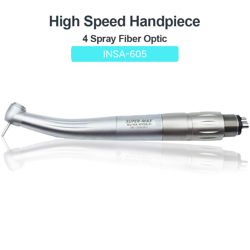 INSADENTAL INSA-605 4 Spray Fiber Optic Dental High Speed Handpiece, Standard Round Head Push Button 4-Hole LED Turbine Handpiece with Anti-Retraction Valve