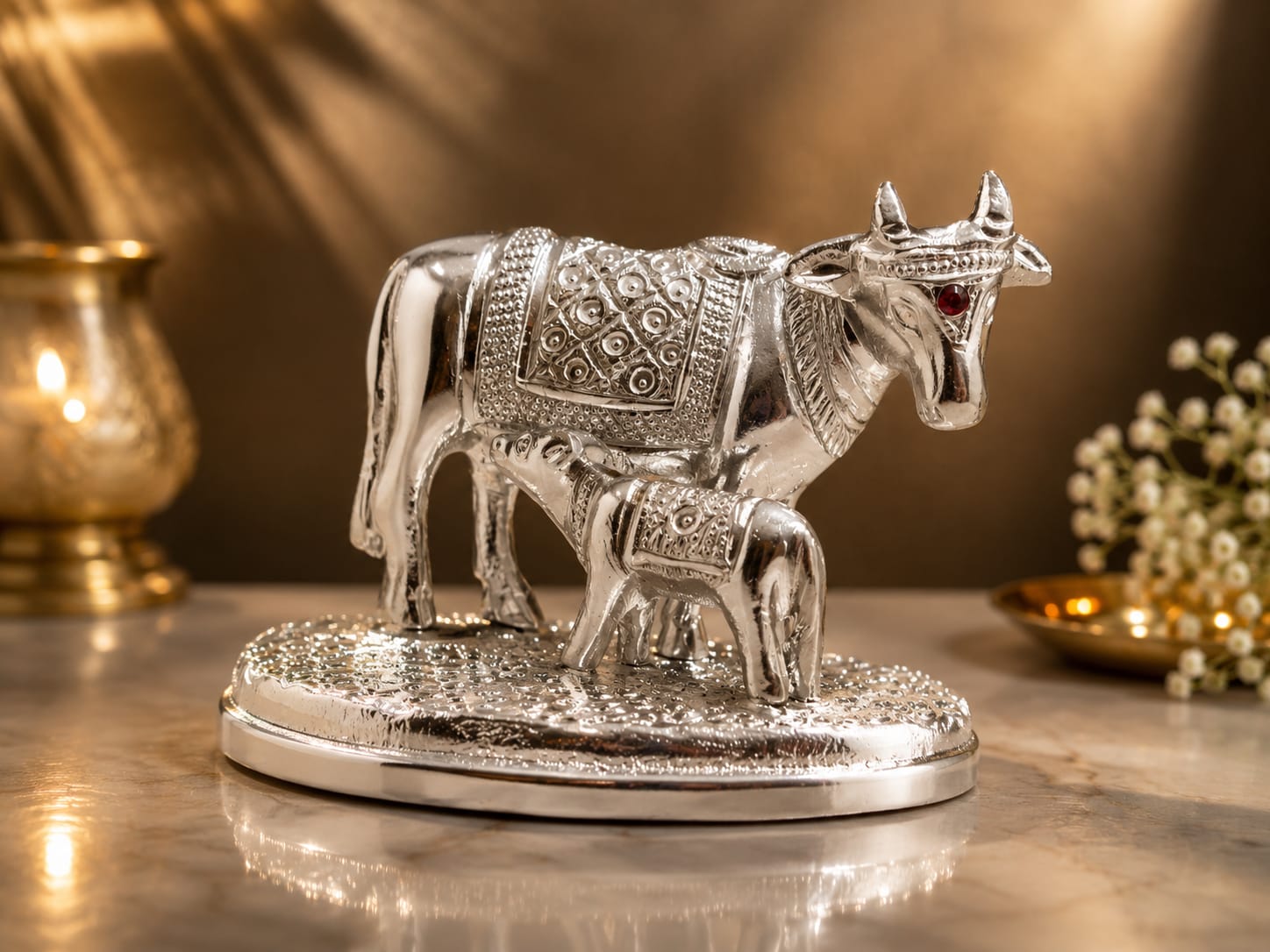 Silver-Plated Cow and Calf Idol