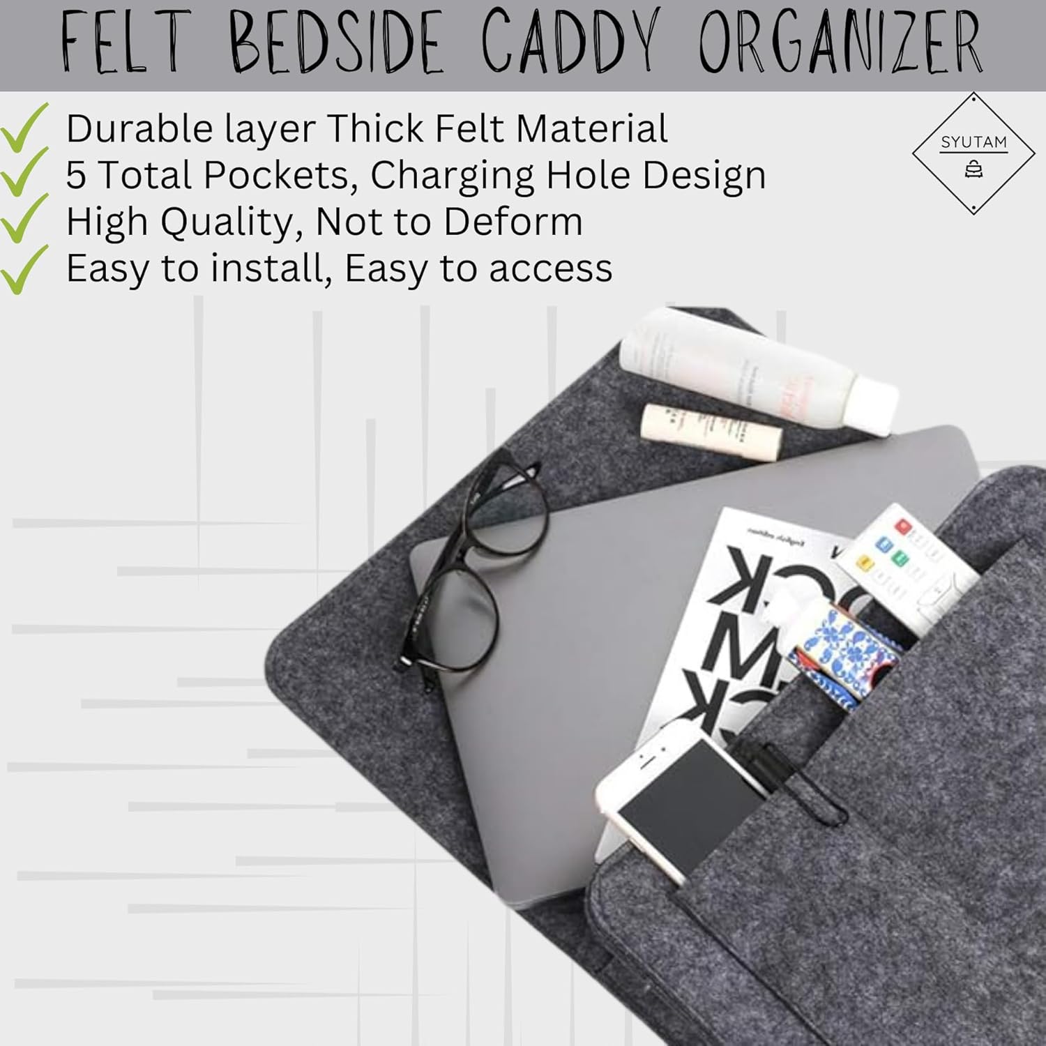 Felt Bedside Storage Caddy Organizer – Multi-Pocket Hanging Bedside Bag for Bunk Beds, Dorm Rooms, Hospital Beds & Sofas