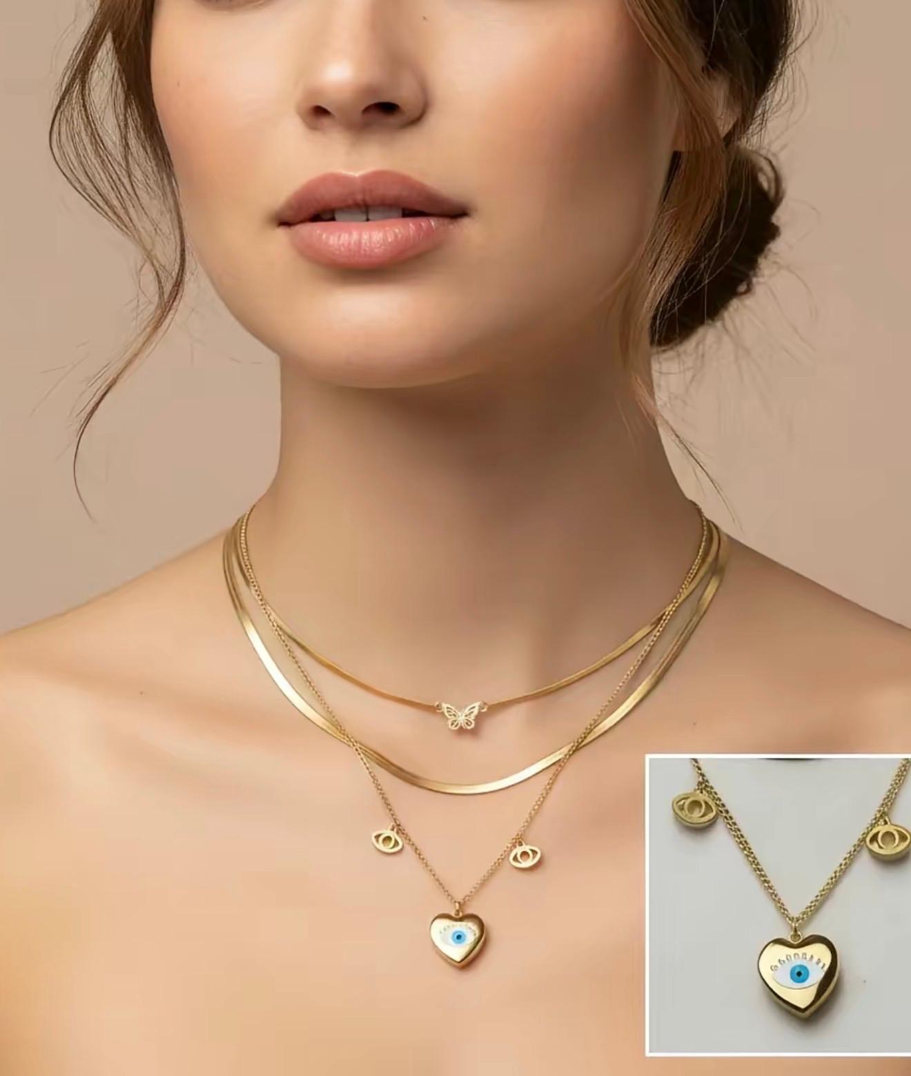 Gold Heart Charm Necklace Set