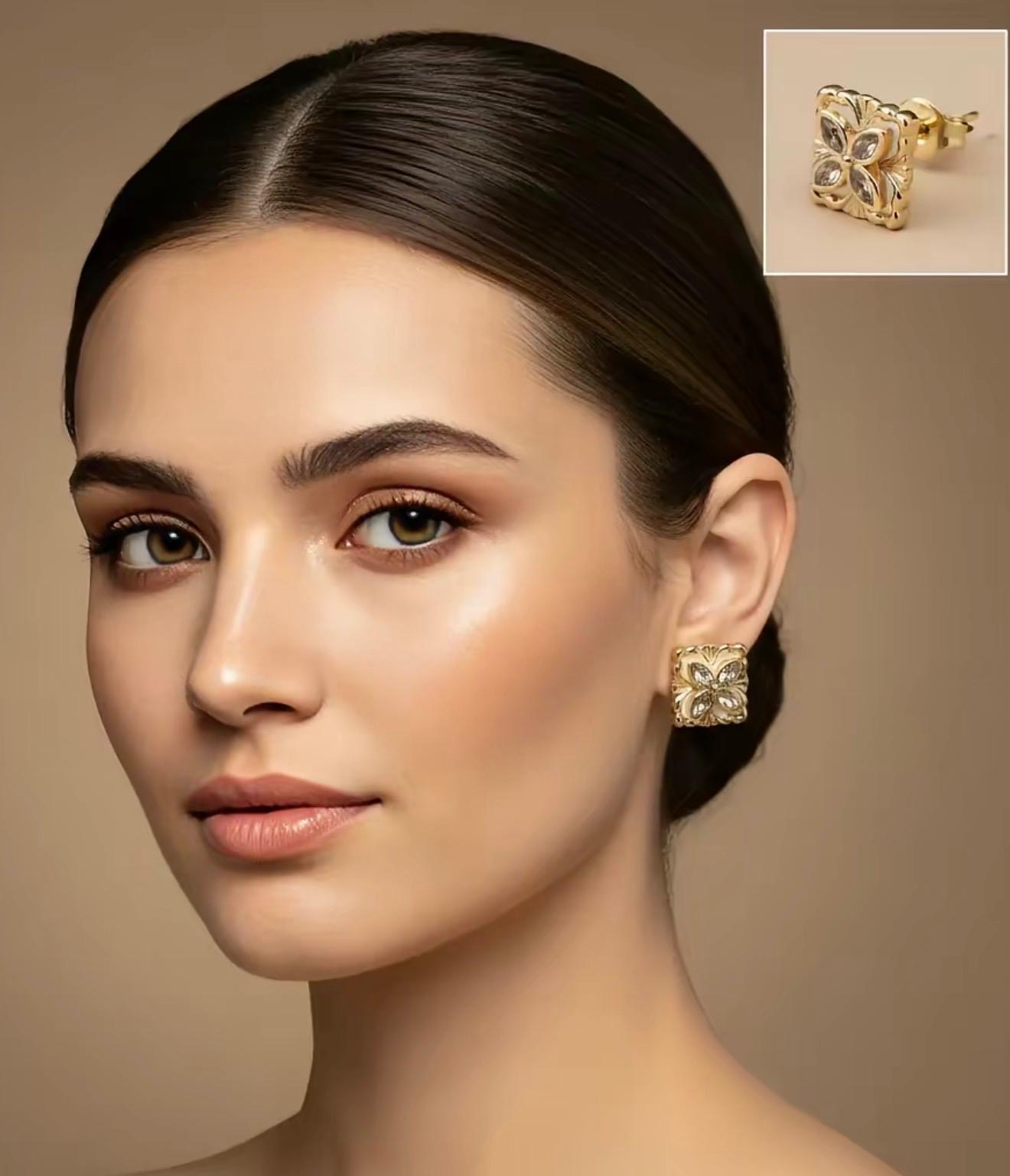 Gold Floral Square Stud Earrings