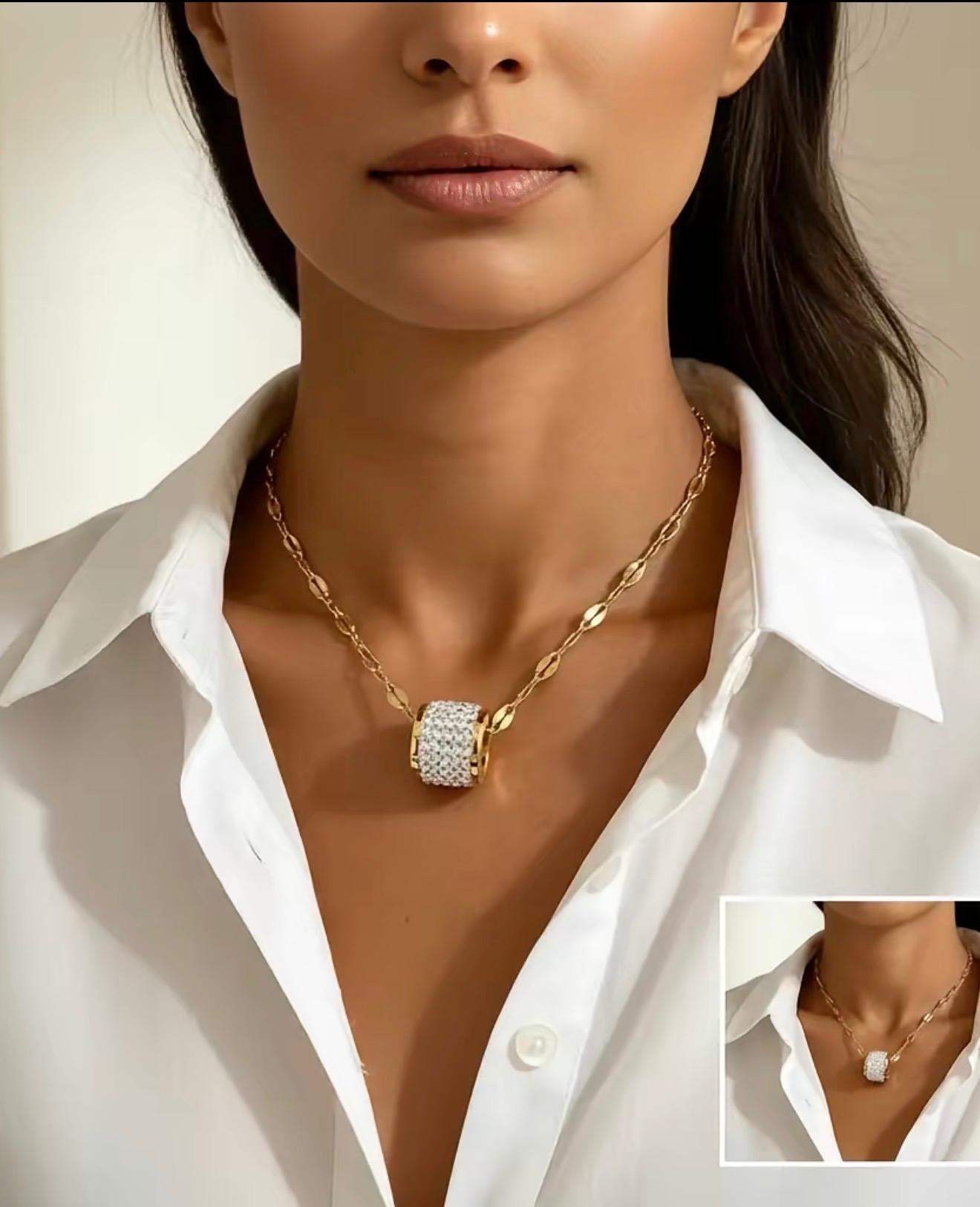 Gold Link Chain Necklace with Crystal Pendant