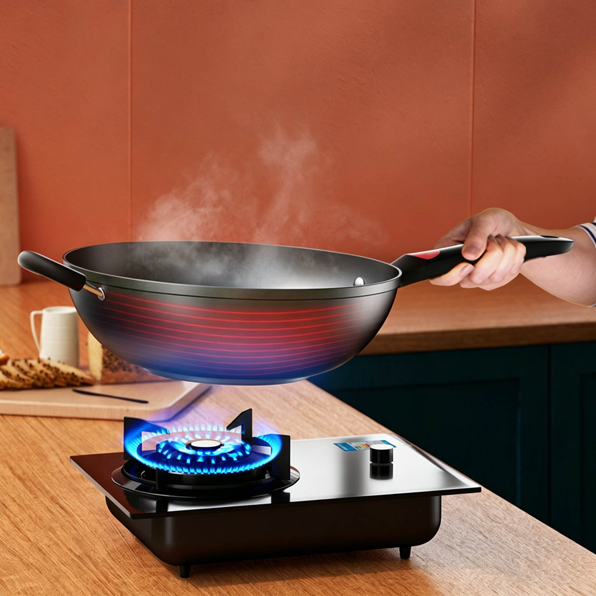 Heavy Duty Raw Iron Wok – Flat Bottom Stir Fry Pan with Helper Handle & Vented Glass Lid, Compatible with All Cooktops
