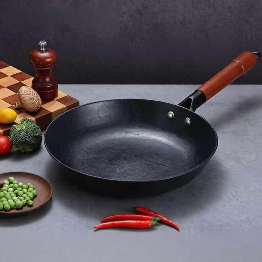 Flat Cast Iron Wok with Detachable Ergonomic Wooden Handle