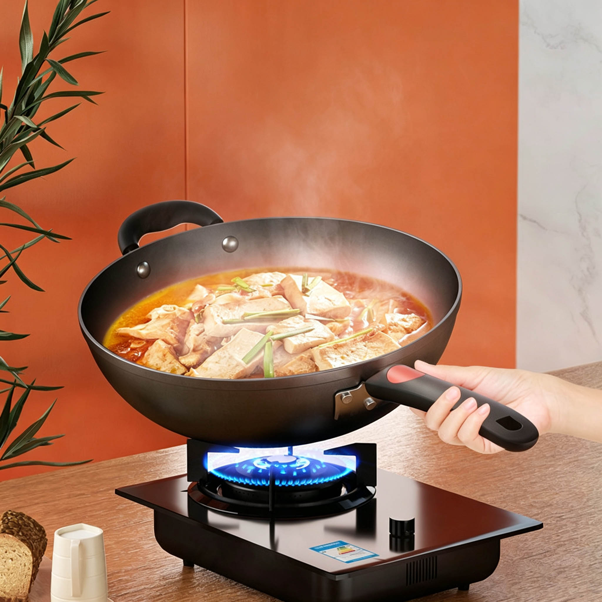 Heavy Duty Raw Iron Wok – Flat Bottom Stir Fry Pan with Helper Handle & Vented Glass Lid, Compatible with All Cooktops