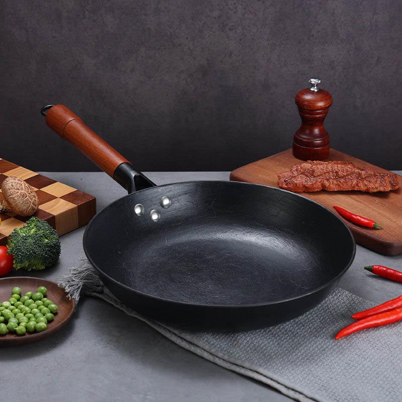 Flat Cast Iron Wok with Detachable Ergonomic Wooden Handle