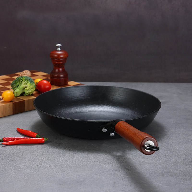 Flat Cast Iron Wok with Detachable Ergonomic Wooden Handle