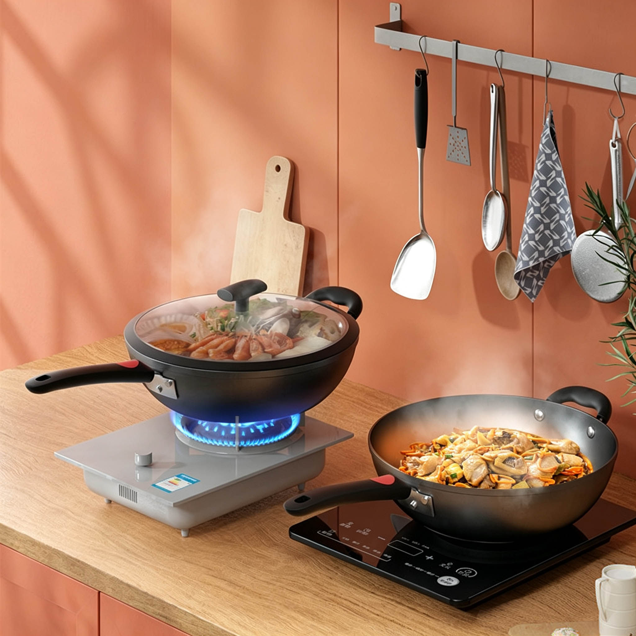 Heavy Duty Raw Iron Wok – Flat Bottom Stir Fry Pan with Helper Handle & Vented Glass Lid, Compatible with All Cooktops