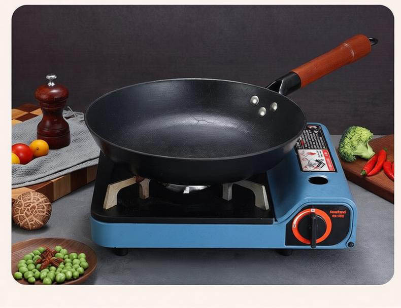 Flat Cast Iron Wok with Detachable Ergonomic Wooden Handle