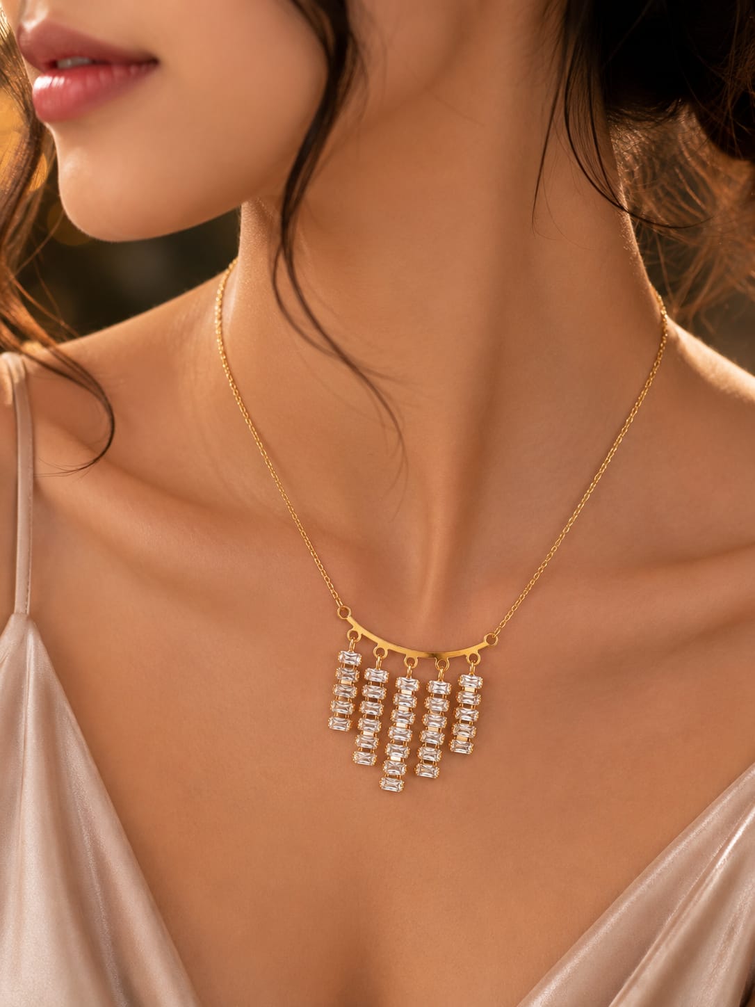 Elegant Gold Crystal Bar Necklace