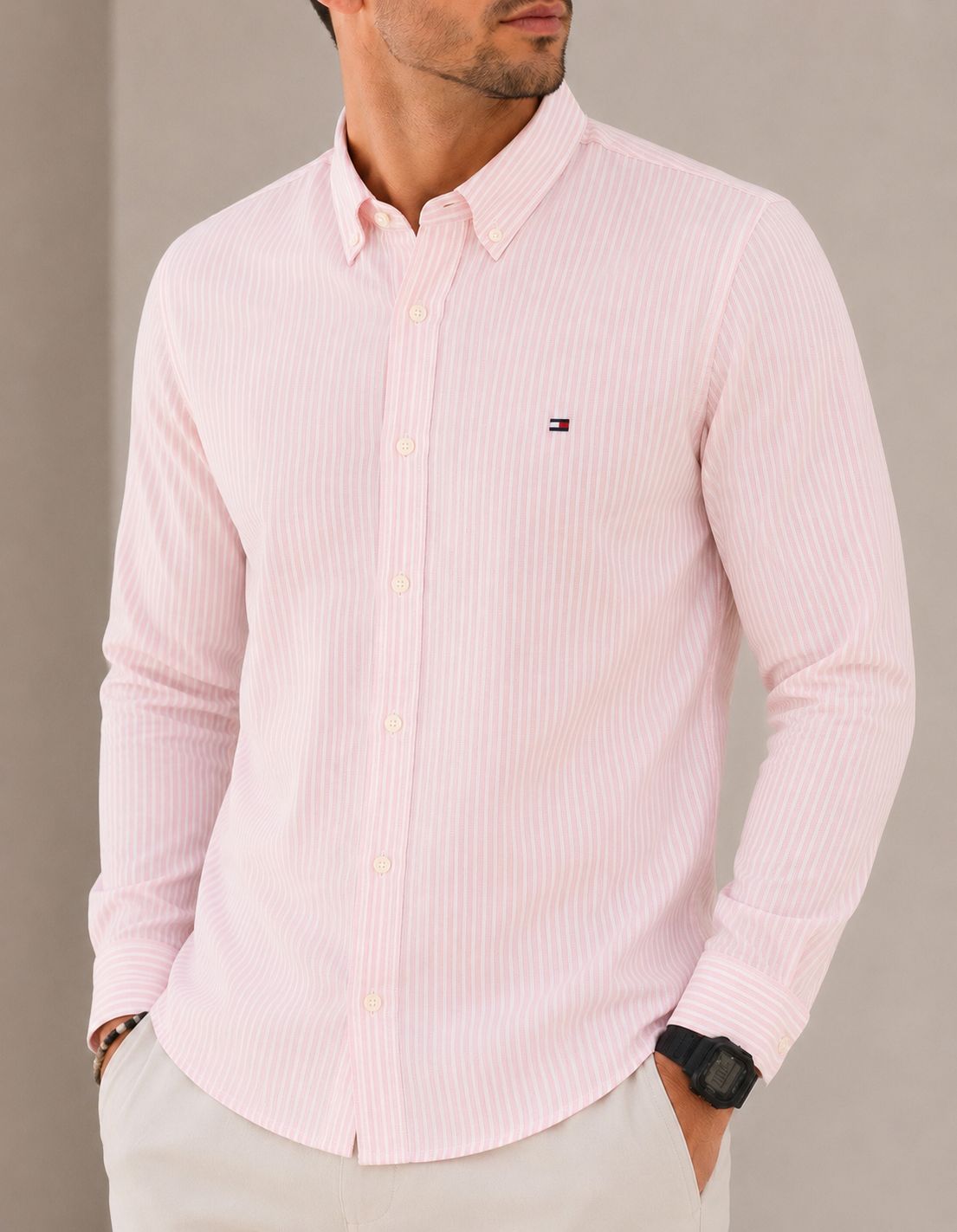 Cod 310 - Camisa Social Tommy Hilfiger Listrada Rosa