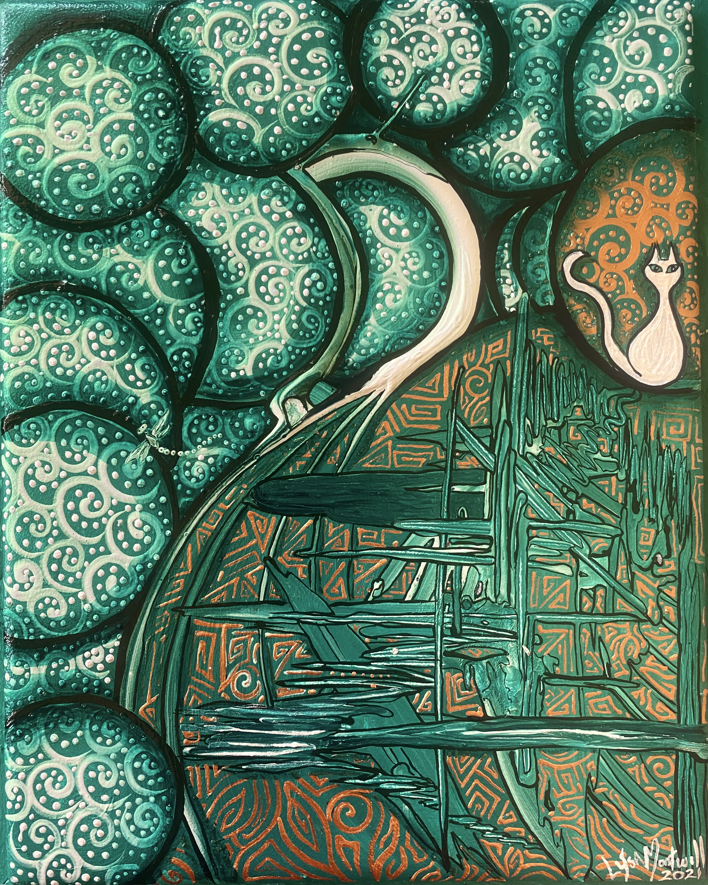 Cosmic white cat in green