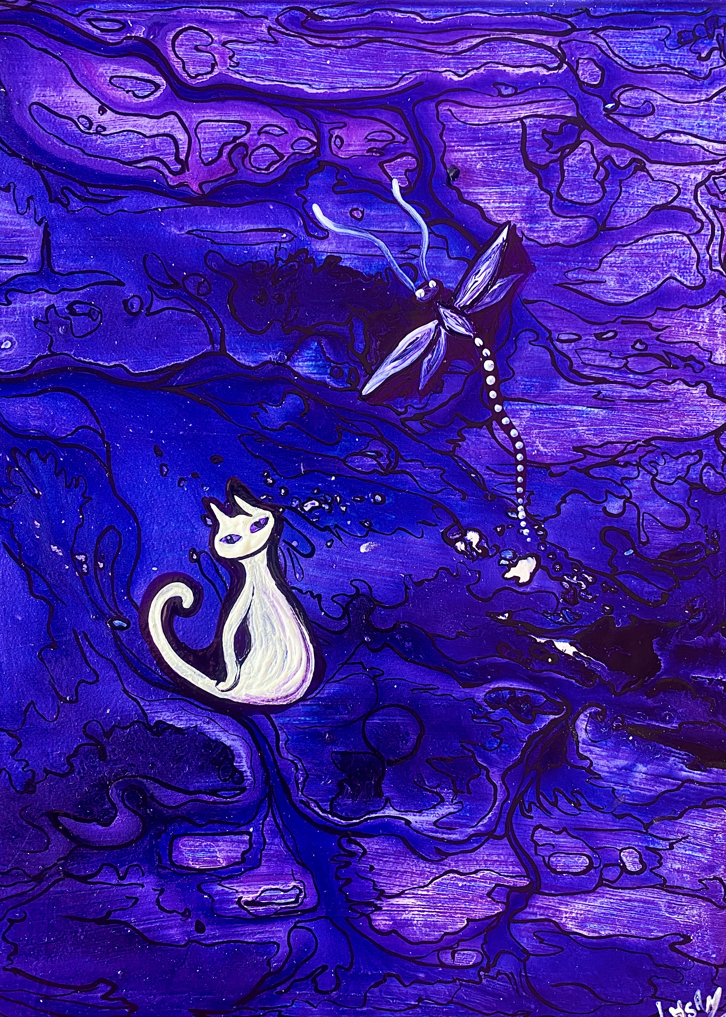 White cat in a sea of purple