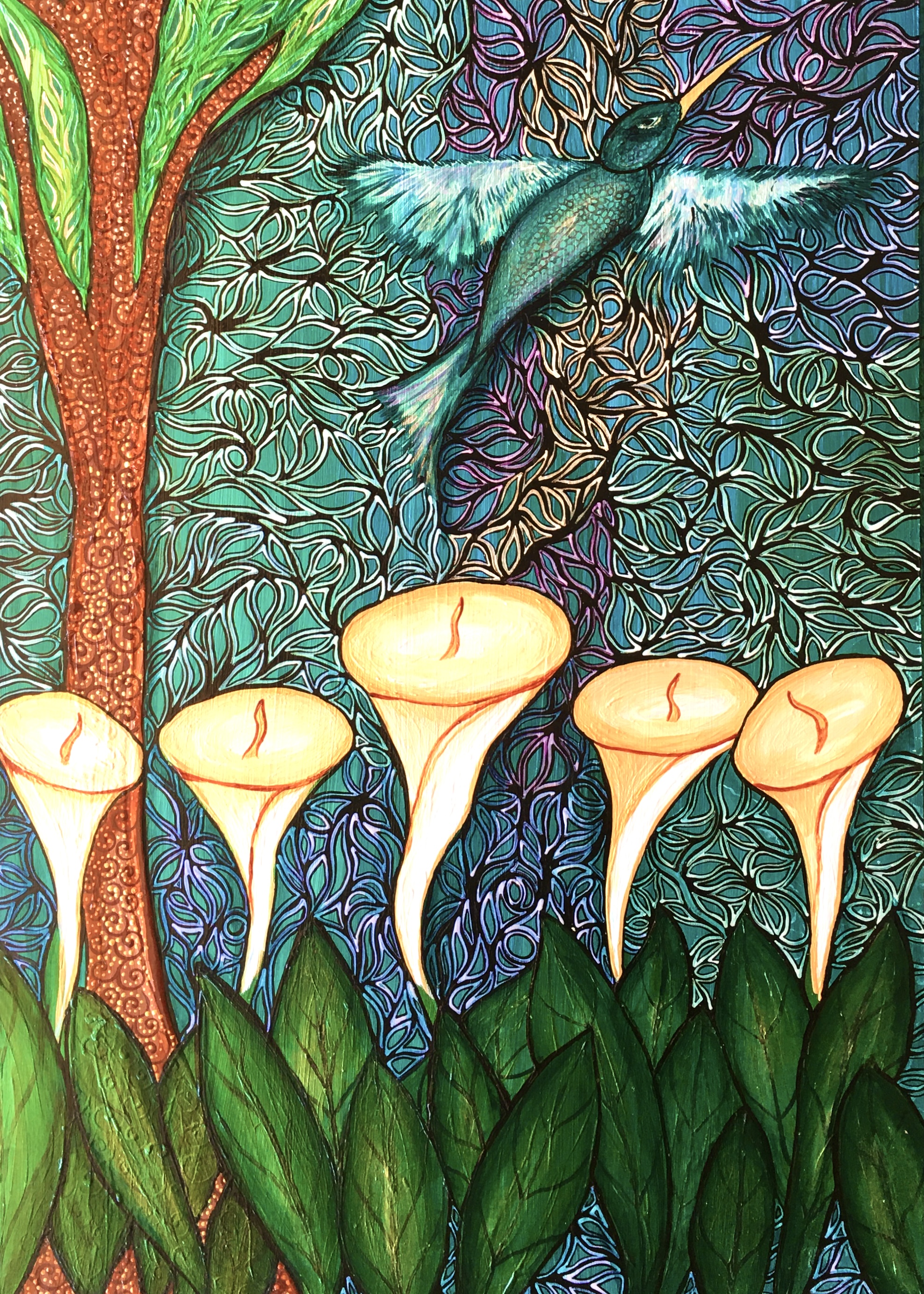 Hummingbird and Calla Lilies