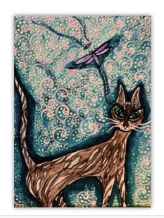 Whimsical Cat & Dragonfly Art Print