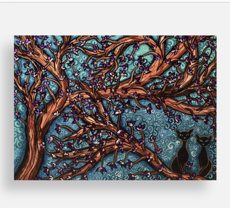 Black cat duo, purple vine blossom tree