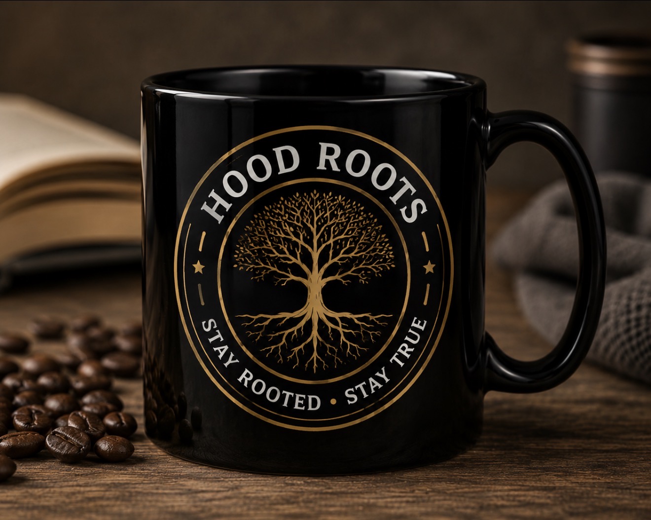 Hood Roots® Crown Black Glossy Coffee Mug | Premium Black & Gold Ceramic Mug