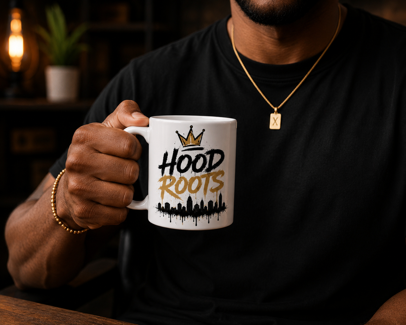 Hood Roots® Crown White Glossy Coffee Mug | Black & Gold Graphic Ceramic Mug