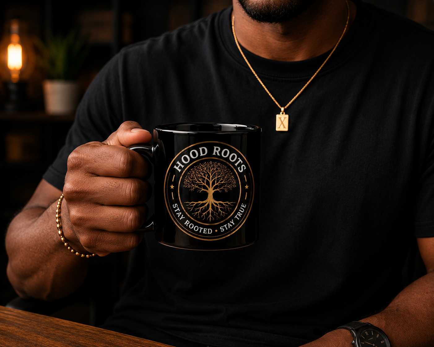 Hood Roots® Crown Black Glossy Coffee Mug | Premium Black & Gold Ceramic Mug