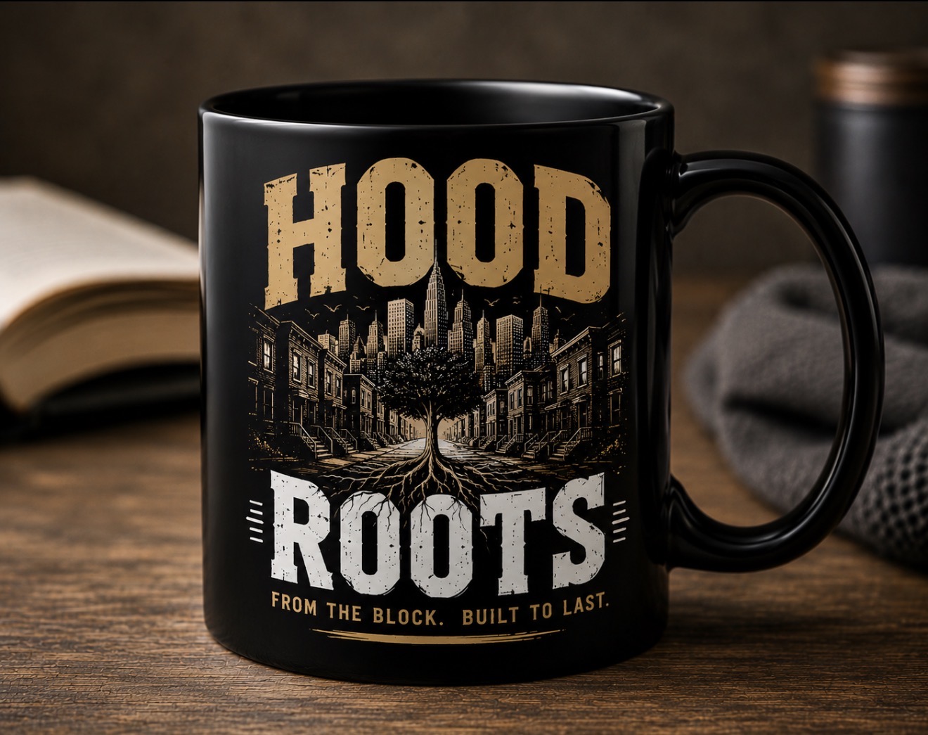 Hood Roots® "From the Block. Built to Last." Black Glossy Coffee Mug