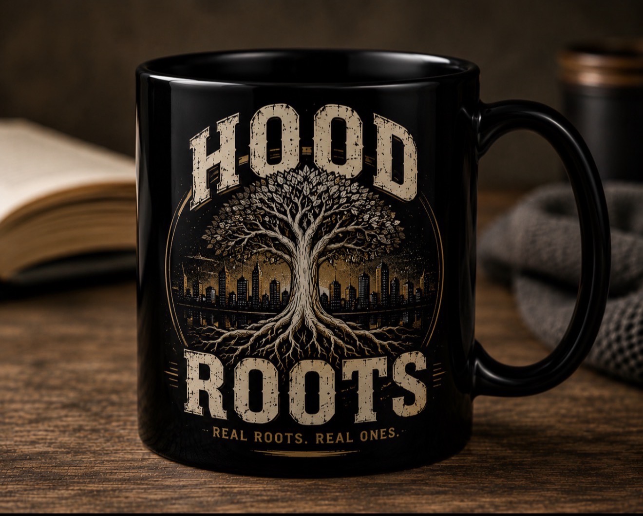 Hood Roots® | Real Roots. Real Ones. Black Glossy Coffee Mug (11oz)
