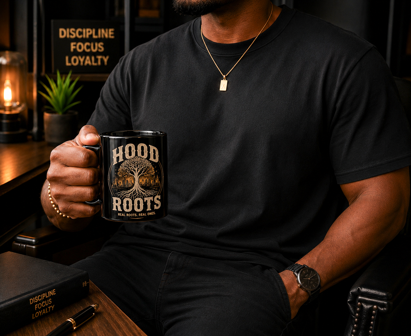 Hood Roots® | Real Roots. Real Ones. Black Glossy Coffee Mug (11oz)