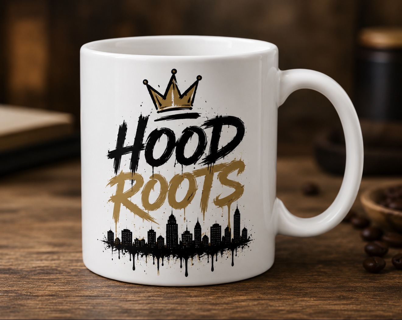 Hood Roots® Crown White Glossy Coffee Mug | Black & Gold Graphic Ceramic Mug