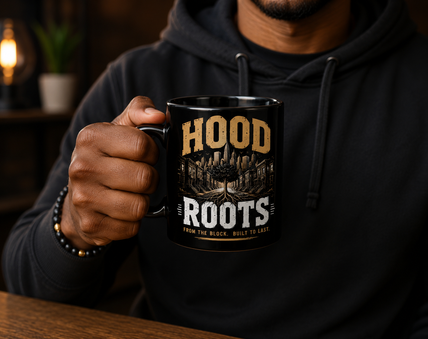Hood Roots® "From the Block. Built to Last." Black Glossy Coffee Mug