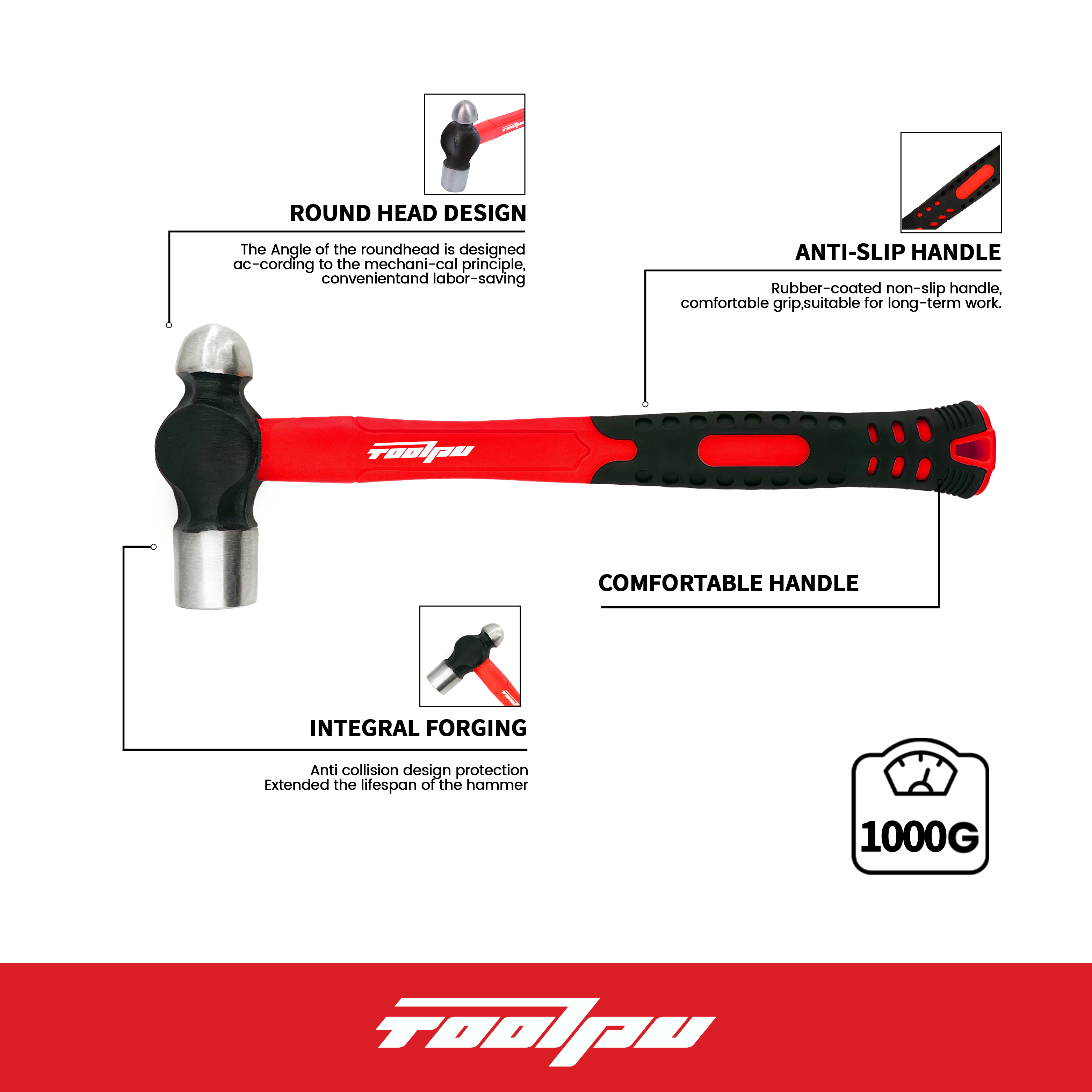 Ball Peen Hammer With Fiberglass Handle, OEM