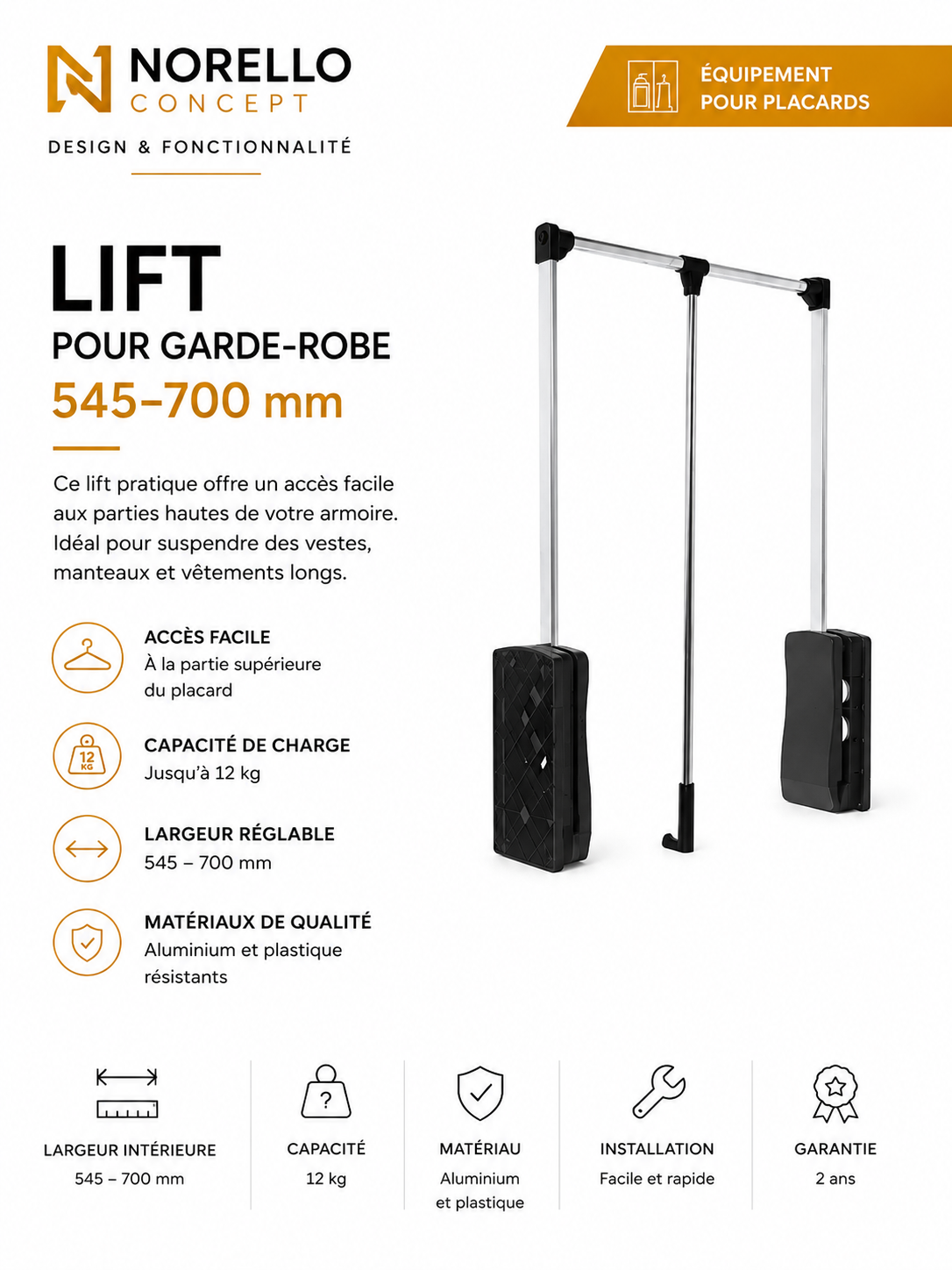 Lift pour garde-robe réglable 545–700 mm