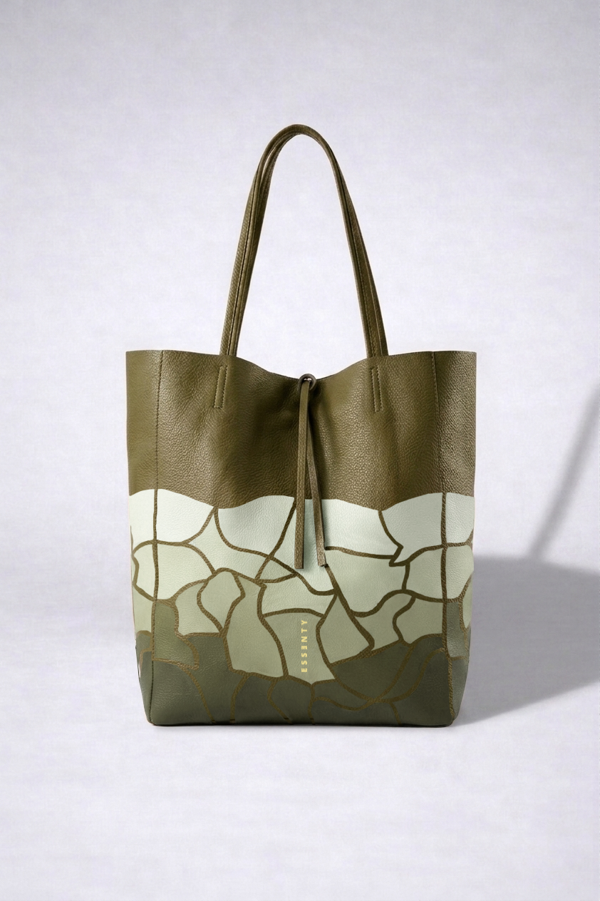 Hand-Painted Mosaic Leather Tote Essenty Bag Mod. B689 | Handcrafted in Italy | Olive