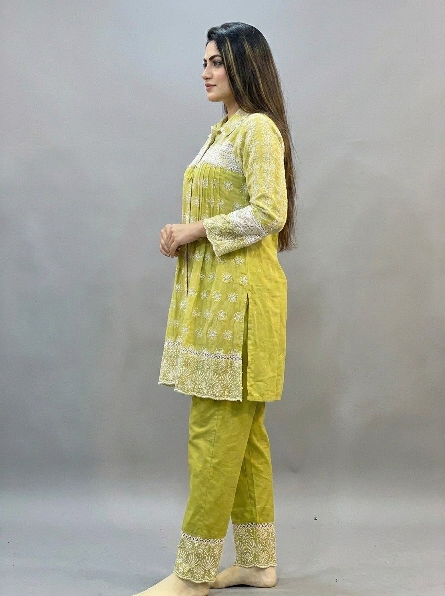 Women’s  Lime Green Embroidered Cotton Kurta Pant Set | Chikankari Style | Straight Fit | Ethnic Wear
