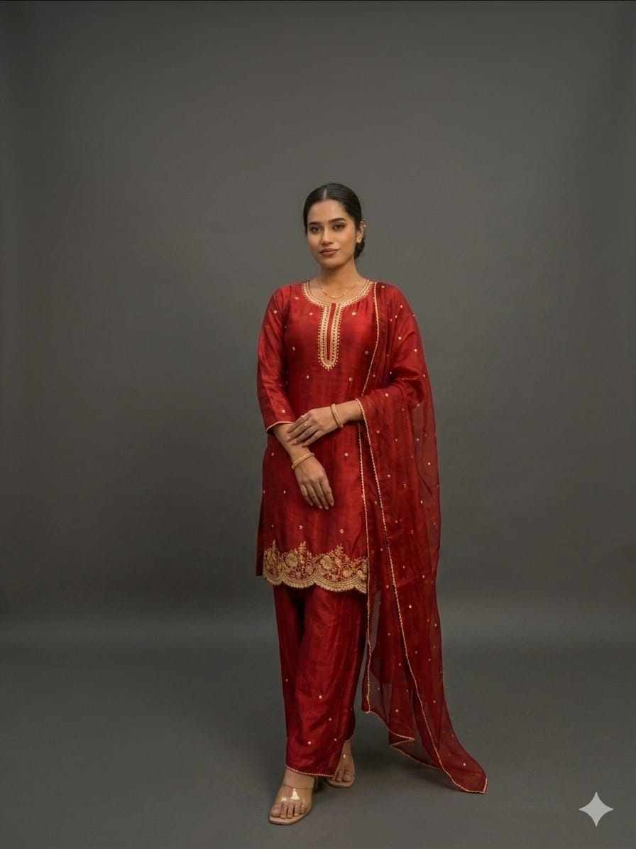 Red embroidered kurta set for women. 