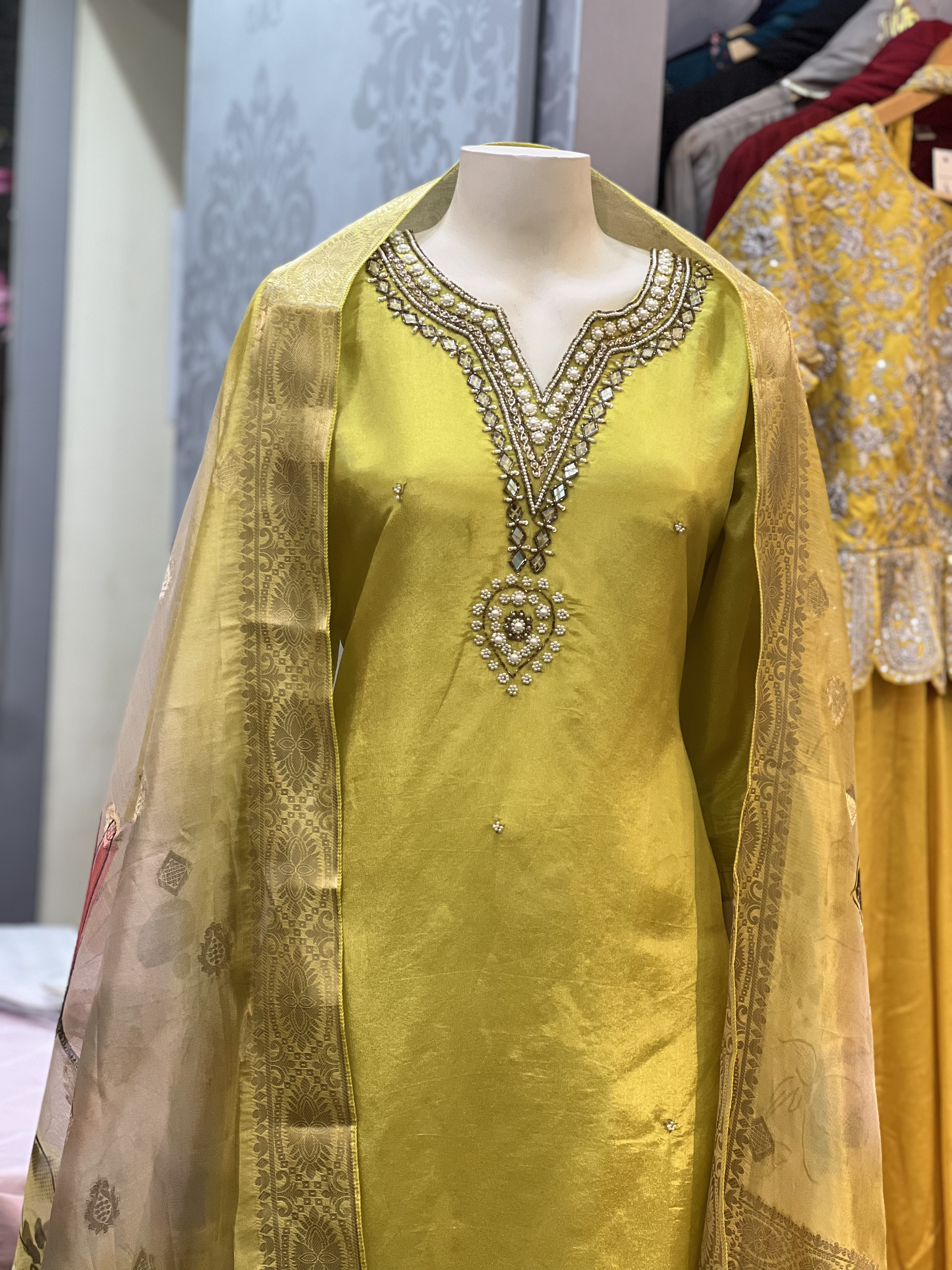 Tissue fabric Straight Kurta Pant Set with Dupatta 