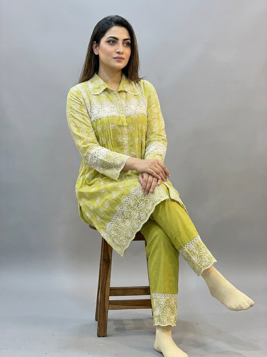  Lime Green Cotton Chikankari Anarkali Suit Set for women