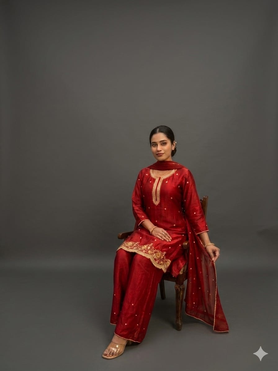 Red embroidered kurta set for women. 