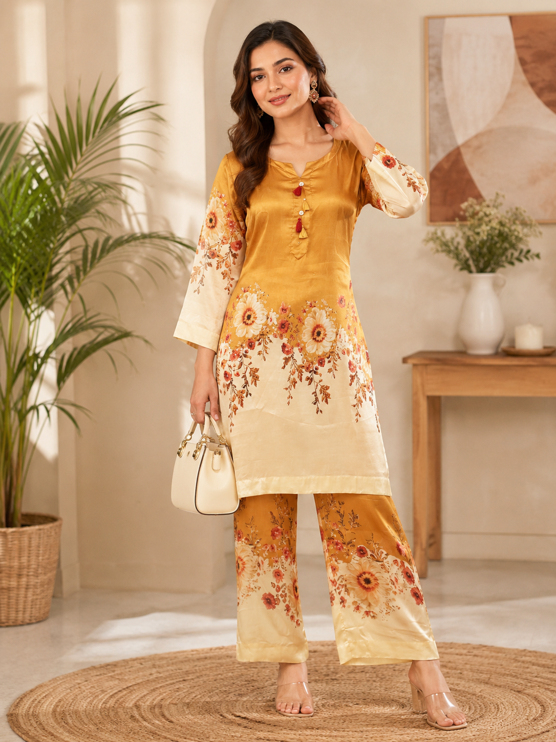 Mustard Floral Silk Co-Ord Set – Elegant Ethnic Wear for Women