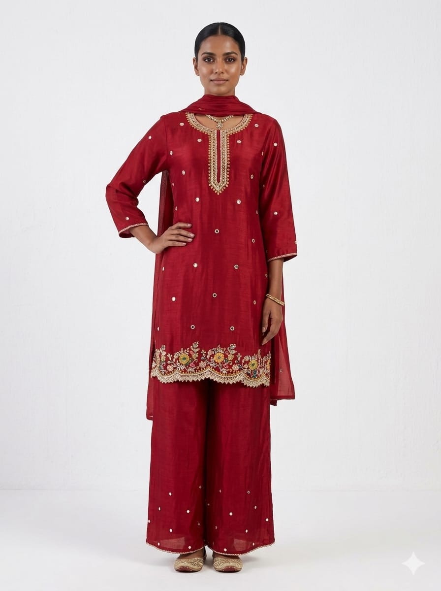 Red embroidered kurta set for women. 